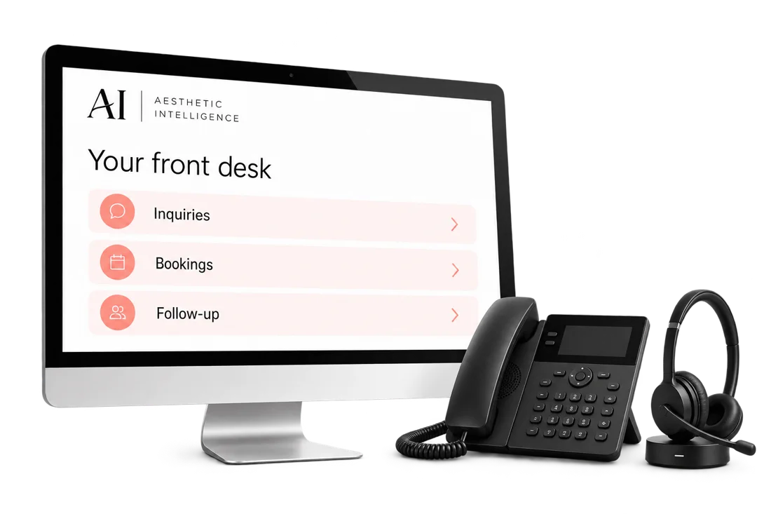 Branded front desk monitor with inquiry, booking and follow-up categories beside a clean phone and headset